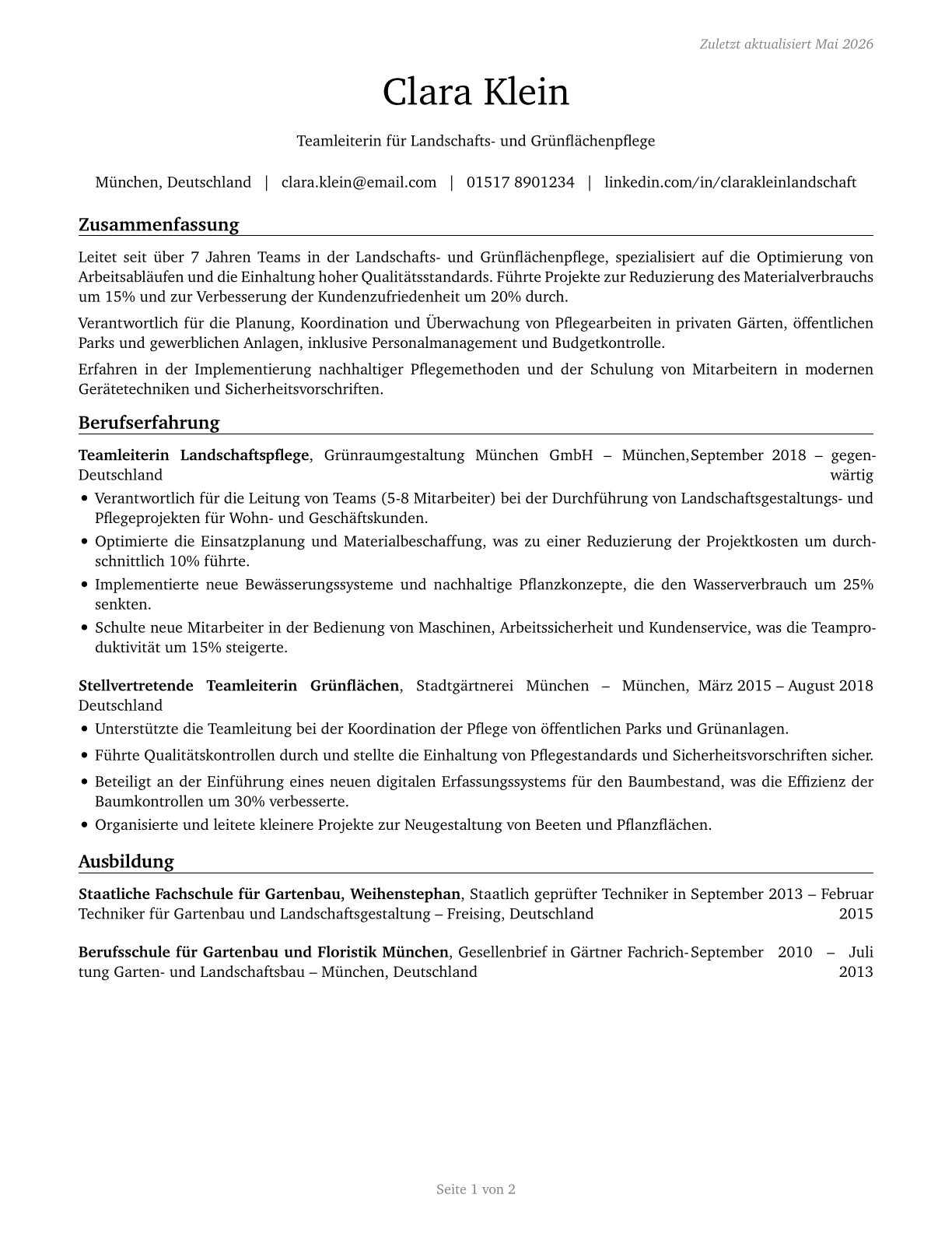 First-Line Supervisors of Landscaping, Lawn Service, and Groundskeeping Workers CV in German — page 1