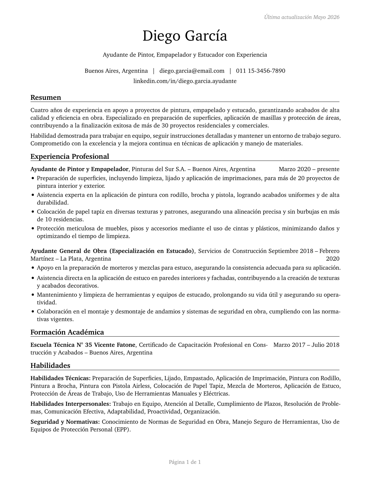 Helpers--Painters, Paperhangers, Plasterers, and Stucco Masons CV in Spanish — page 1