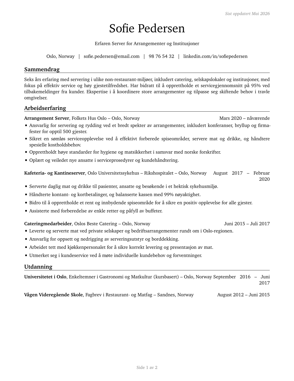 Food Servers, Nonrestaurant CV in Norwegian_bokmal — page 1