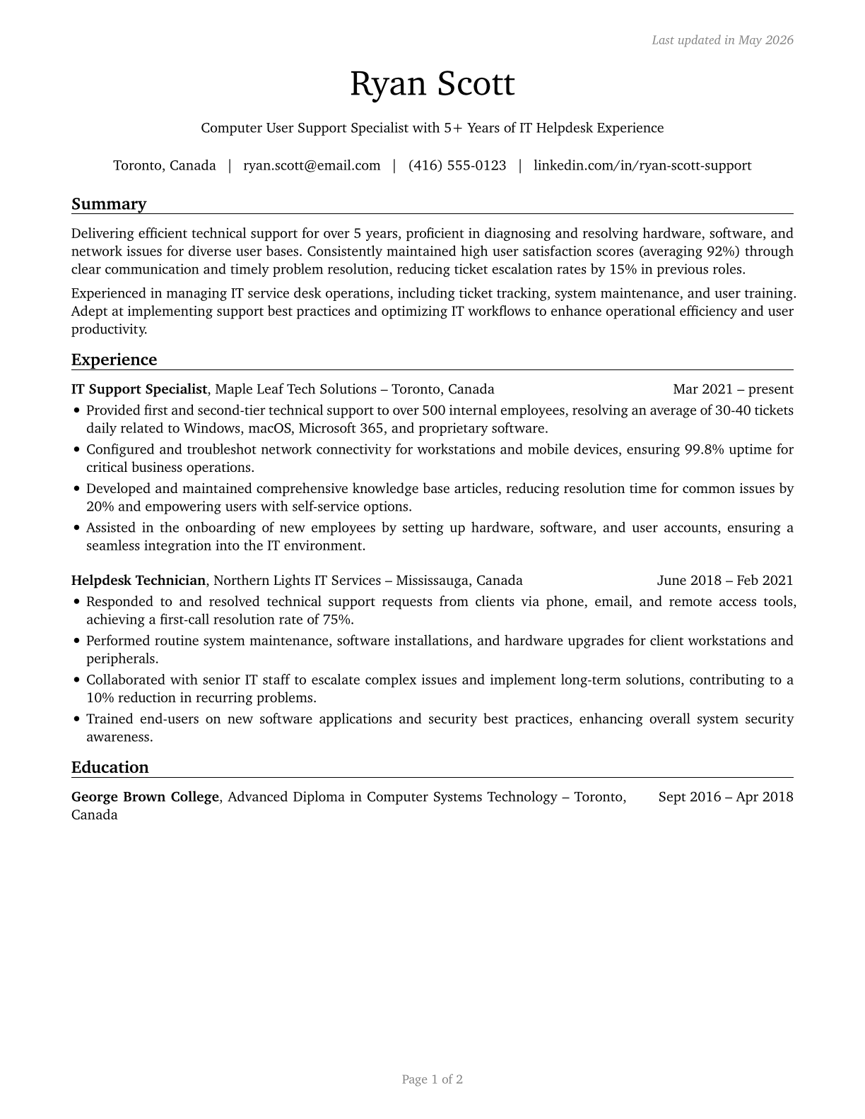 Computer User Support Specialists CV in English — page 1