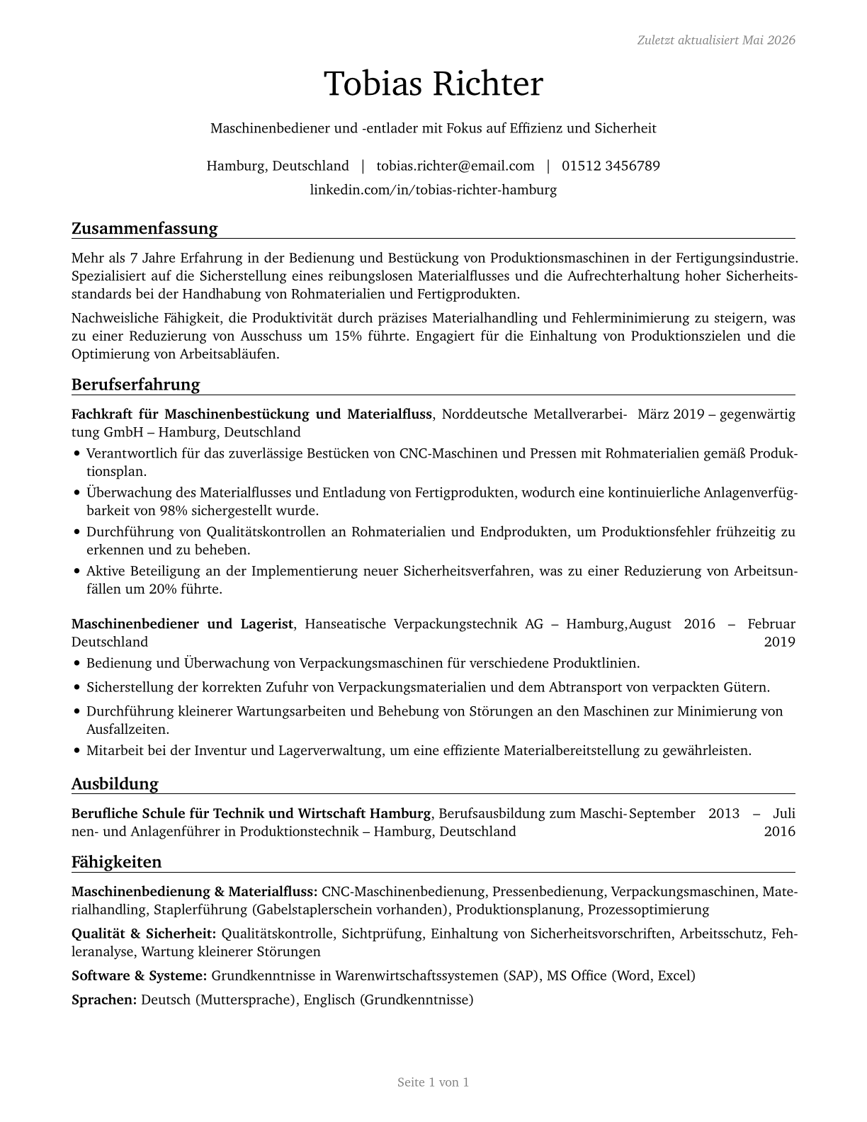 Machine Feeders and Offbearers CV in German — page 1