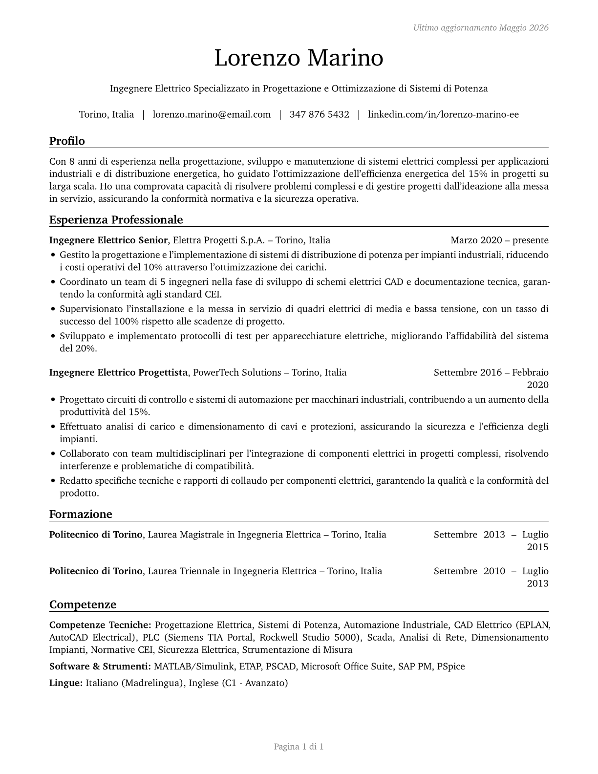 Electrical Engineers CV in Italian — page 1