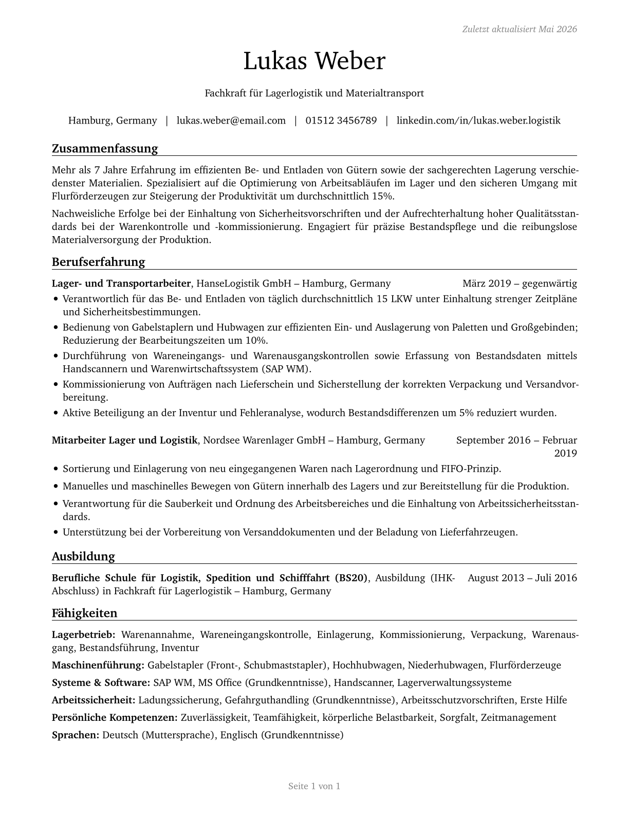 Laborers and Freight, Stock, and Material Movers, Hand CV in German — page 1