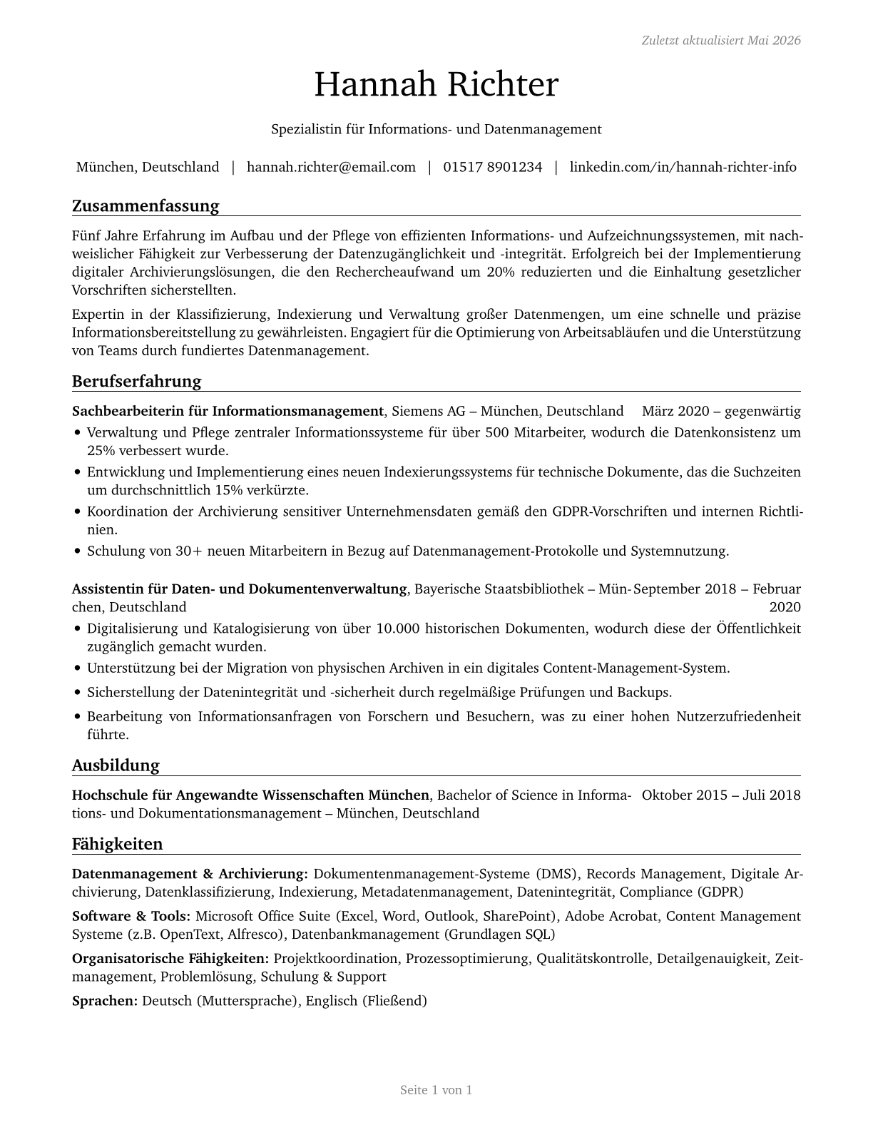 Information and Record Clerks, All Other CV in German — page 1