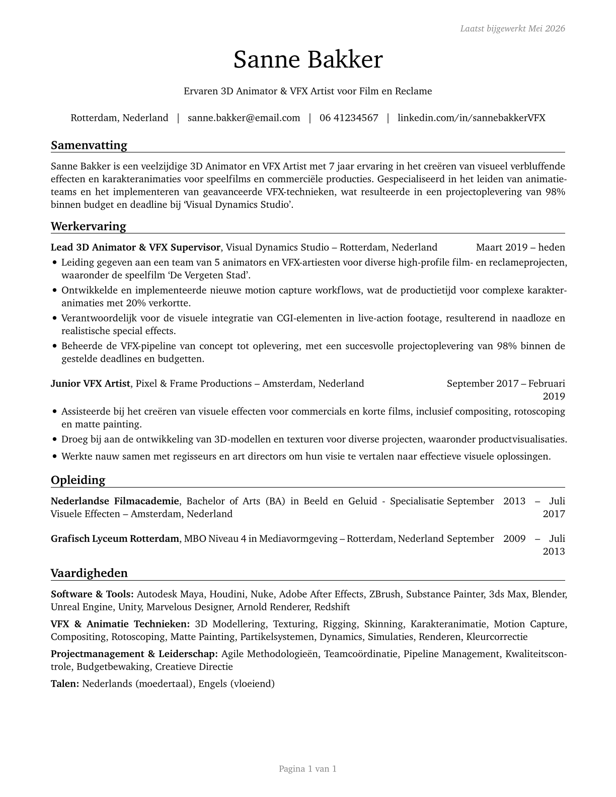 Special Effects Artists and Animators CV in Dutch — page 1