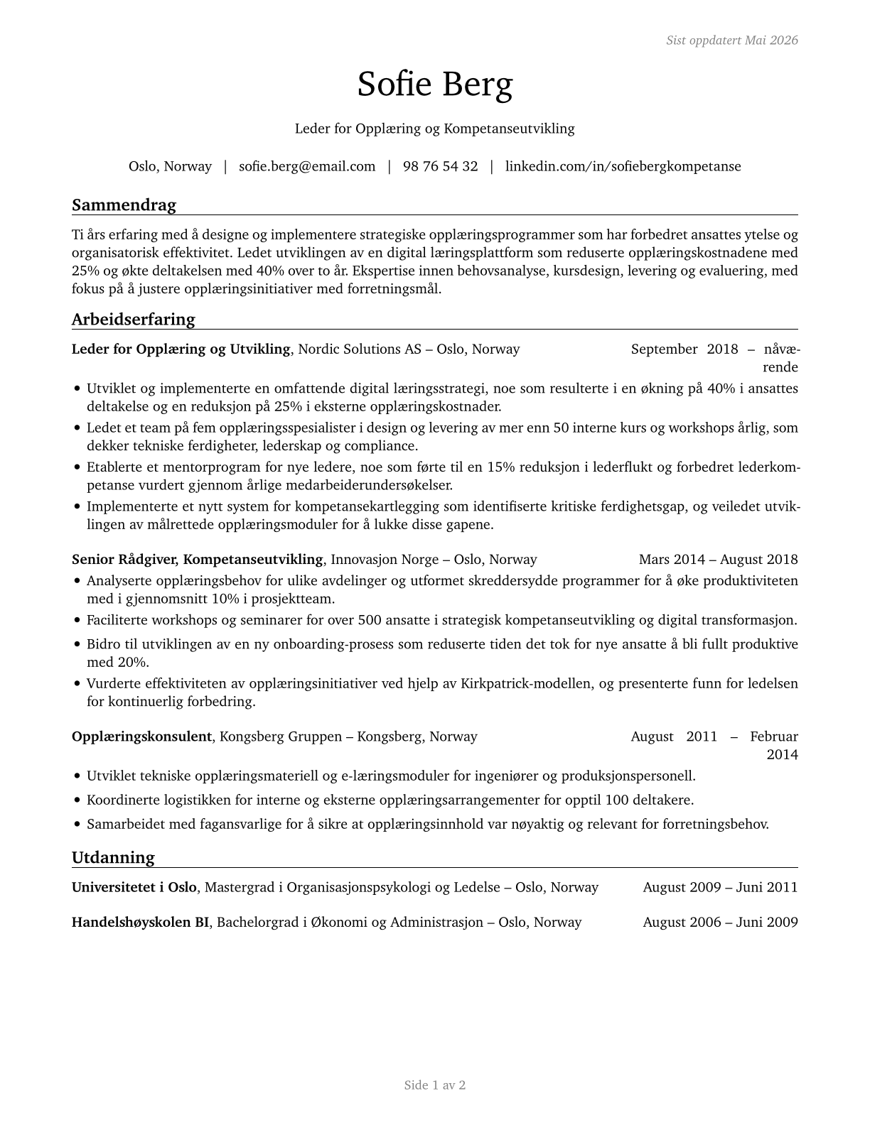 Training and Development Managers CV in Norwegian_bokmal — page 1