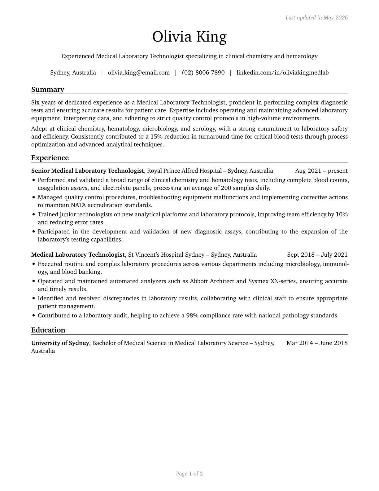 Medical and Clinical Laboratory Technicians CV in English — page 1