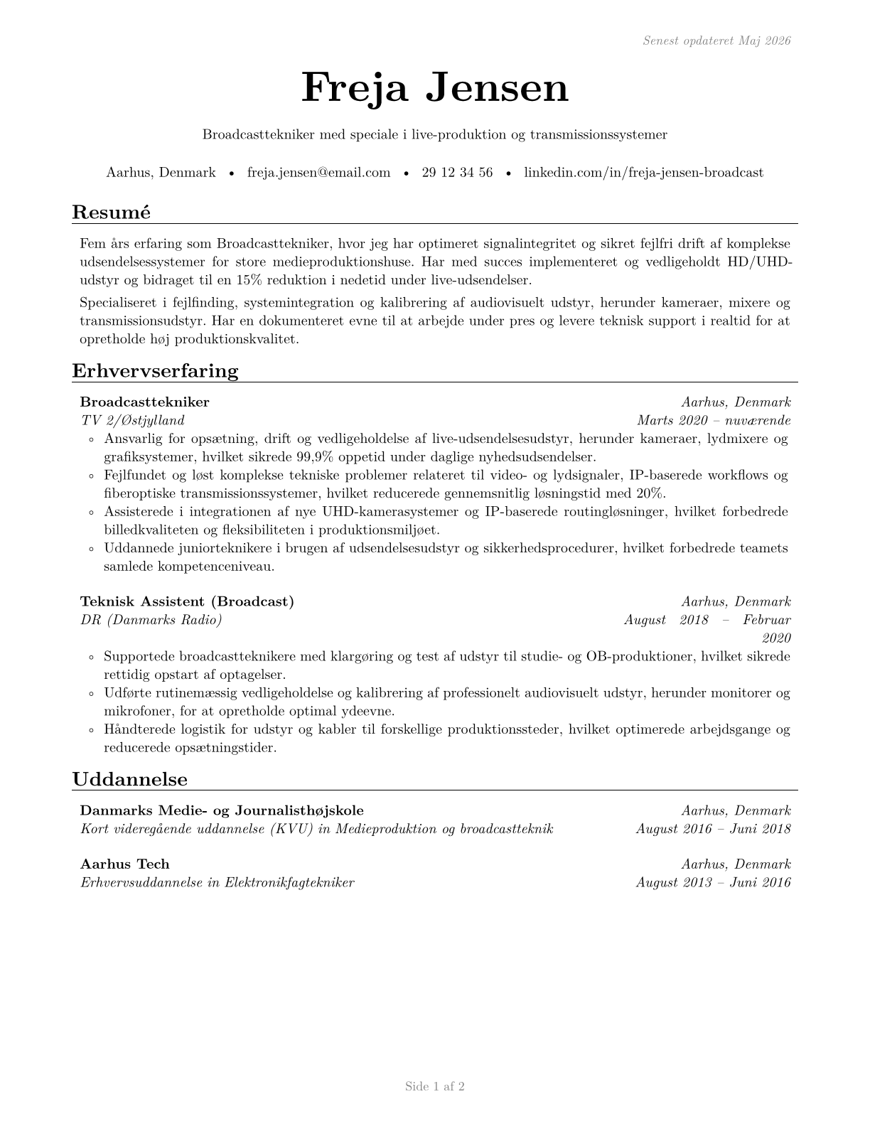 Broadcast Technicians CV in Danish — page 1