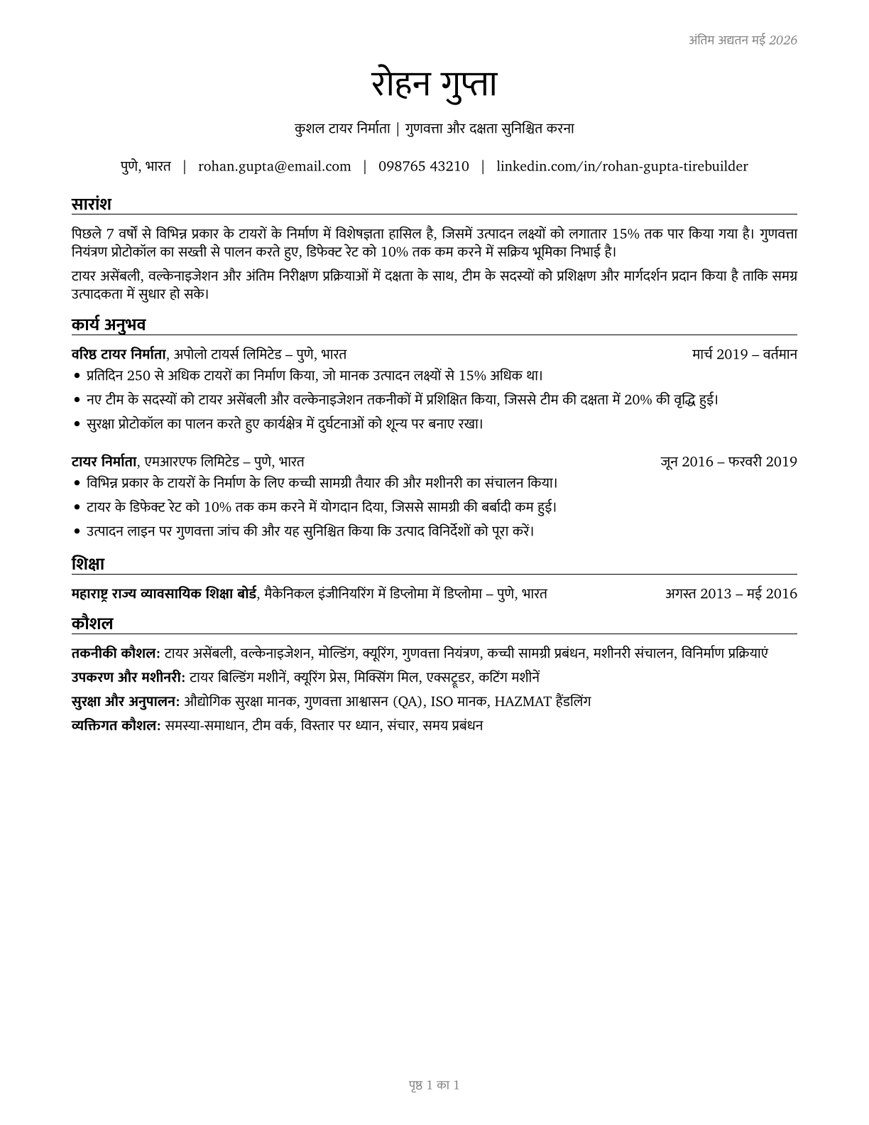 Tire Builders CV in Hindi — page 1