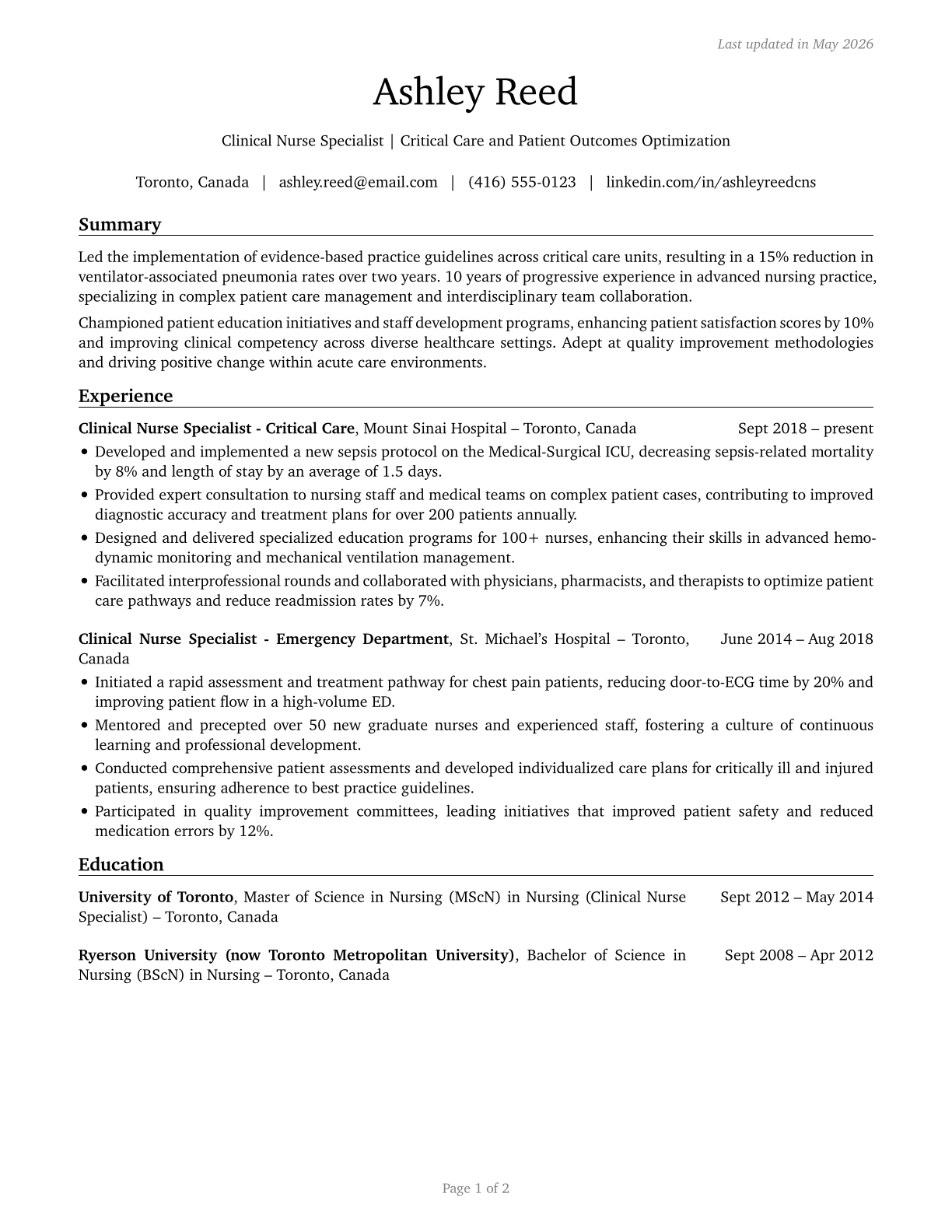 Clinical Nurse Specialists CV in English — page 1