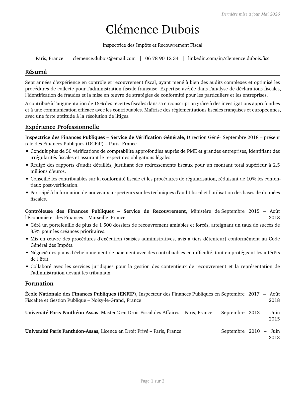 Tax Examiners and Collectors, and Revenue Agents CV in French — page 1