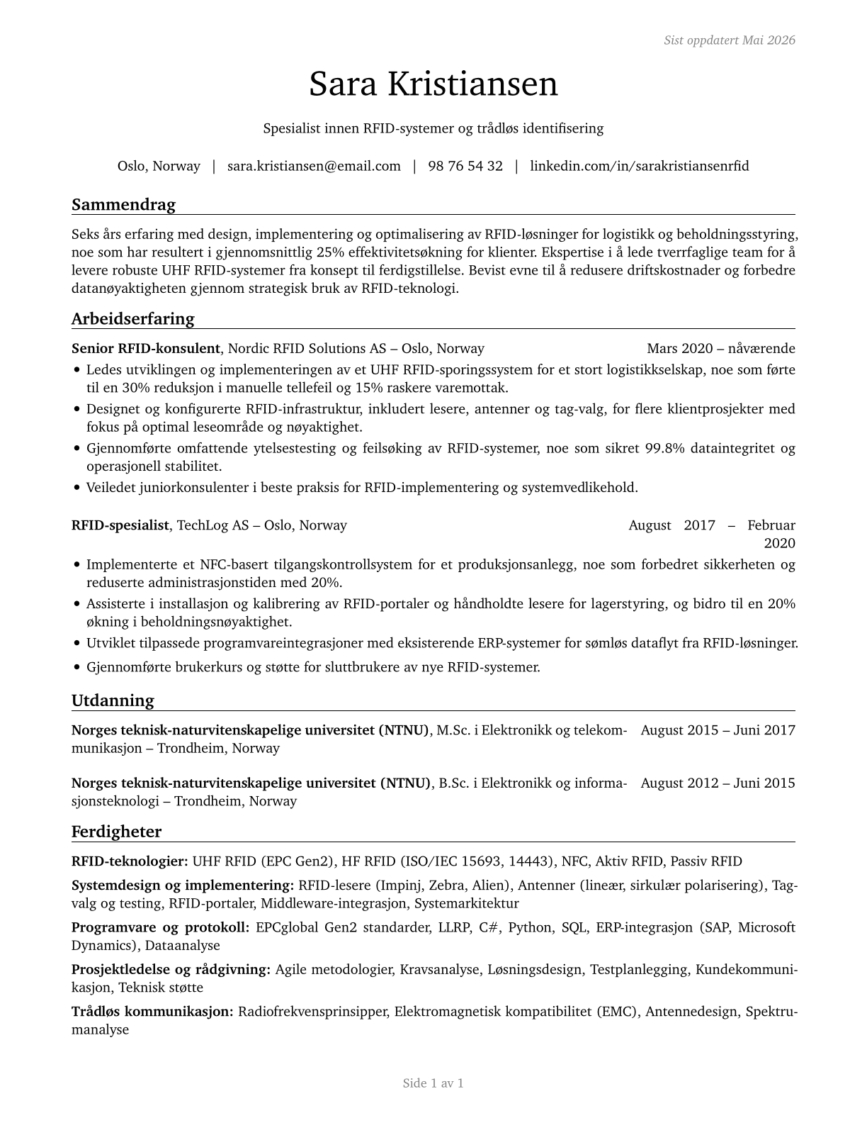 Radio Frequency Identification Device Specialists CV in Norwegian_bokmal — page 1