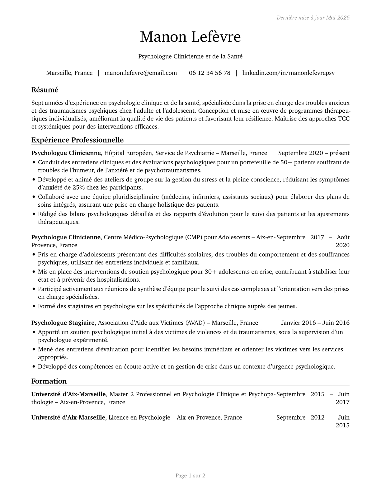 Clinical and Counseling Psychologists CV in French — page 1