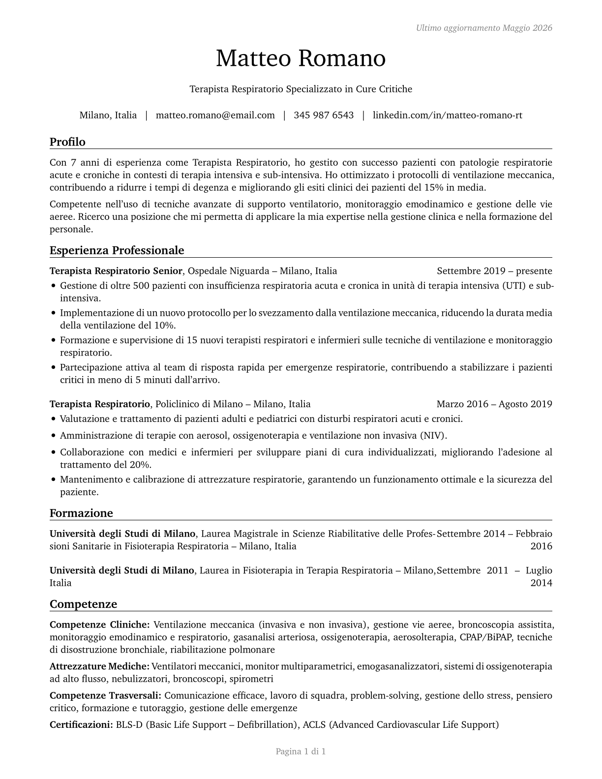 Respiratory Therapists CV in Italian — page 1