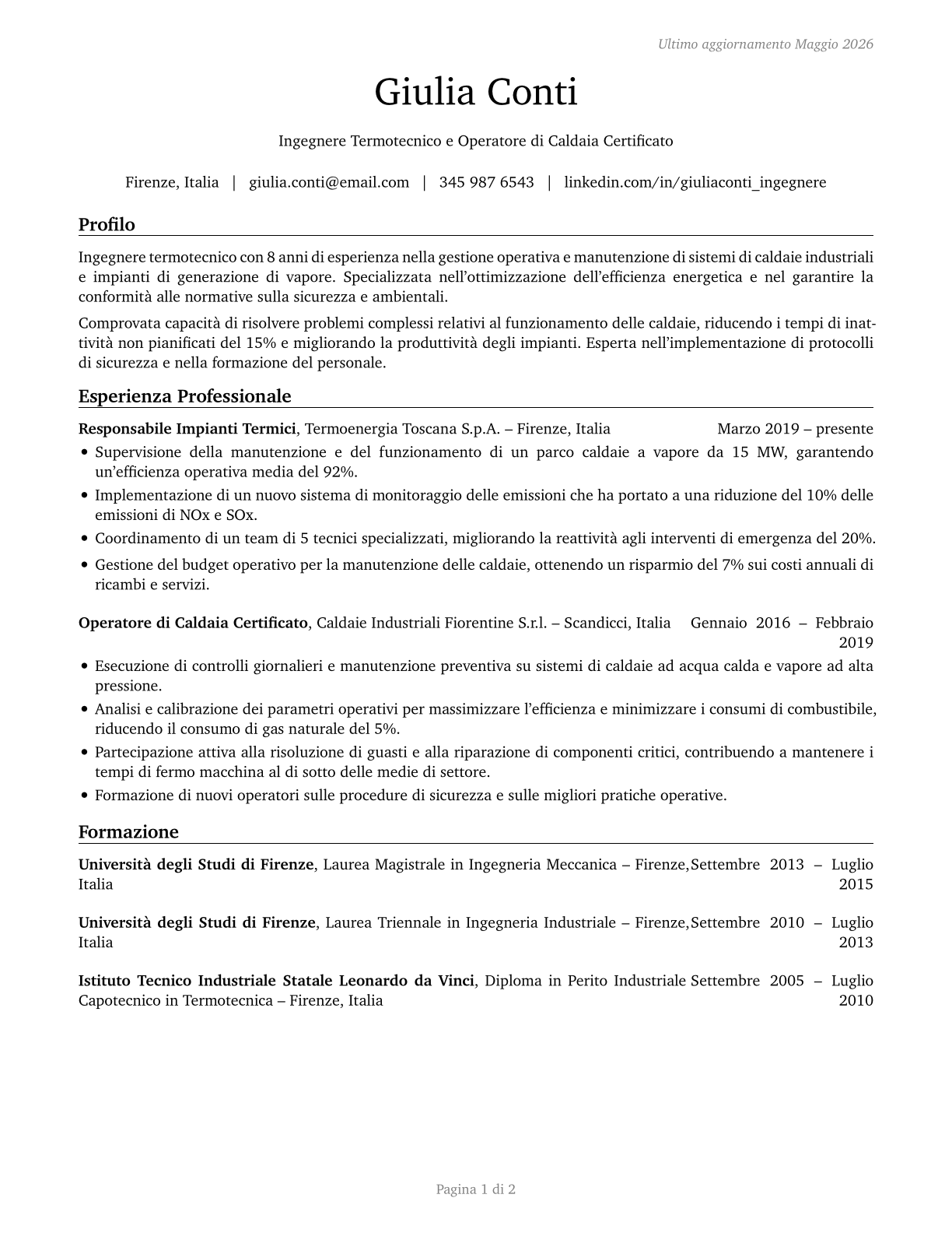 Stationary Engineers and Boiler Operators CV in Italian — page 1