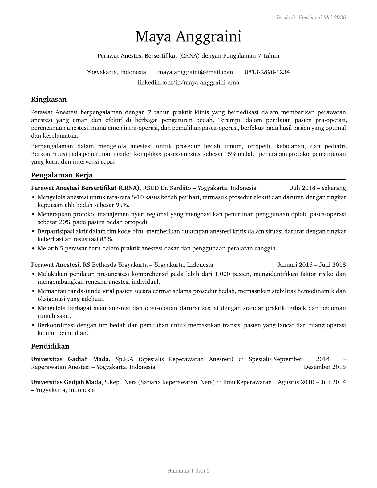 Nurse Anesthetists CV in Indonesian — page 1