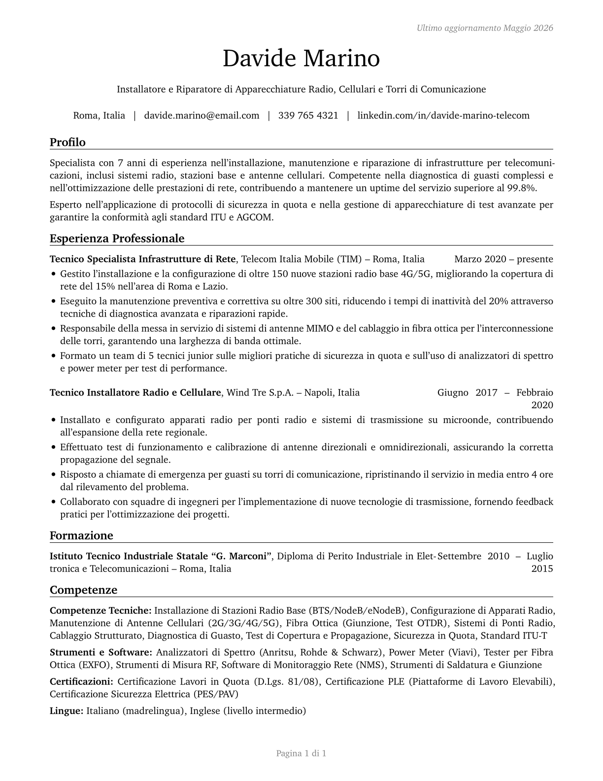 Radio, Cellular, and Tower Equipment Installers and Repairers CV in Italian — page 1