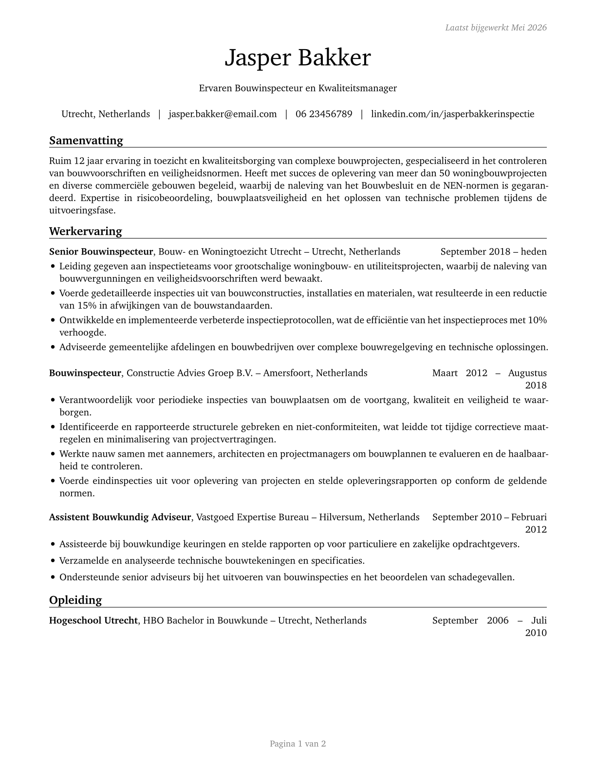 Construction and Building Inspectors CV in Dutch — page 1