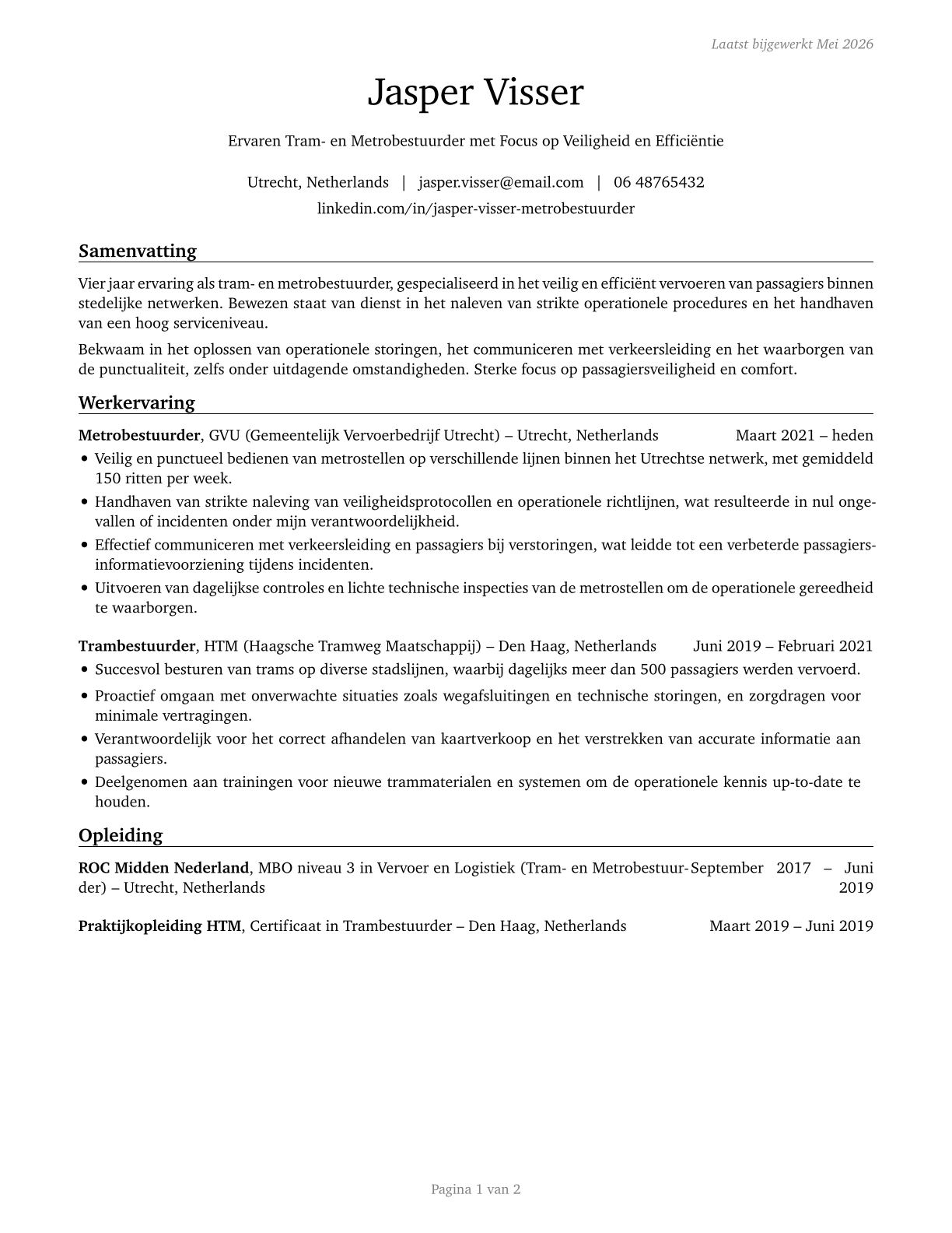 Subway and Streetcar Operators CV in Dutch — page 1