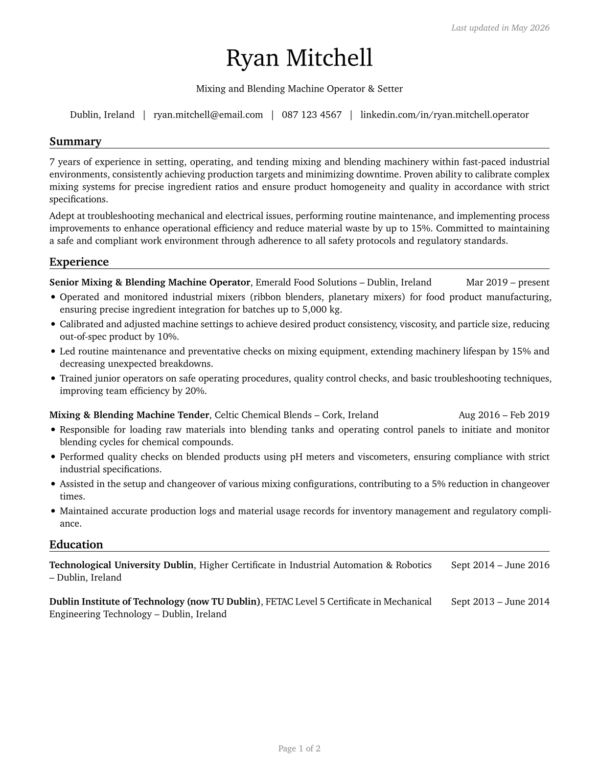 Mixing and Blending Machine Setters, Operators, and Tenders CV in English — page 1