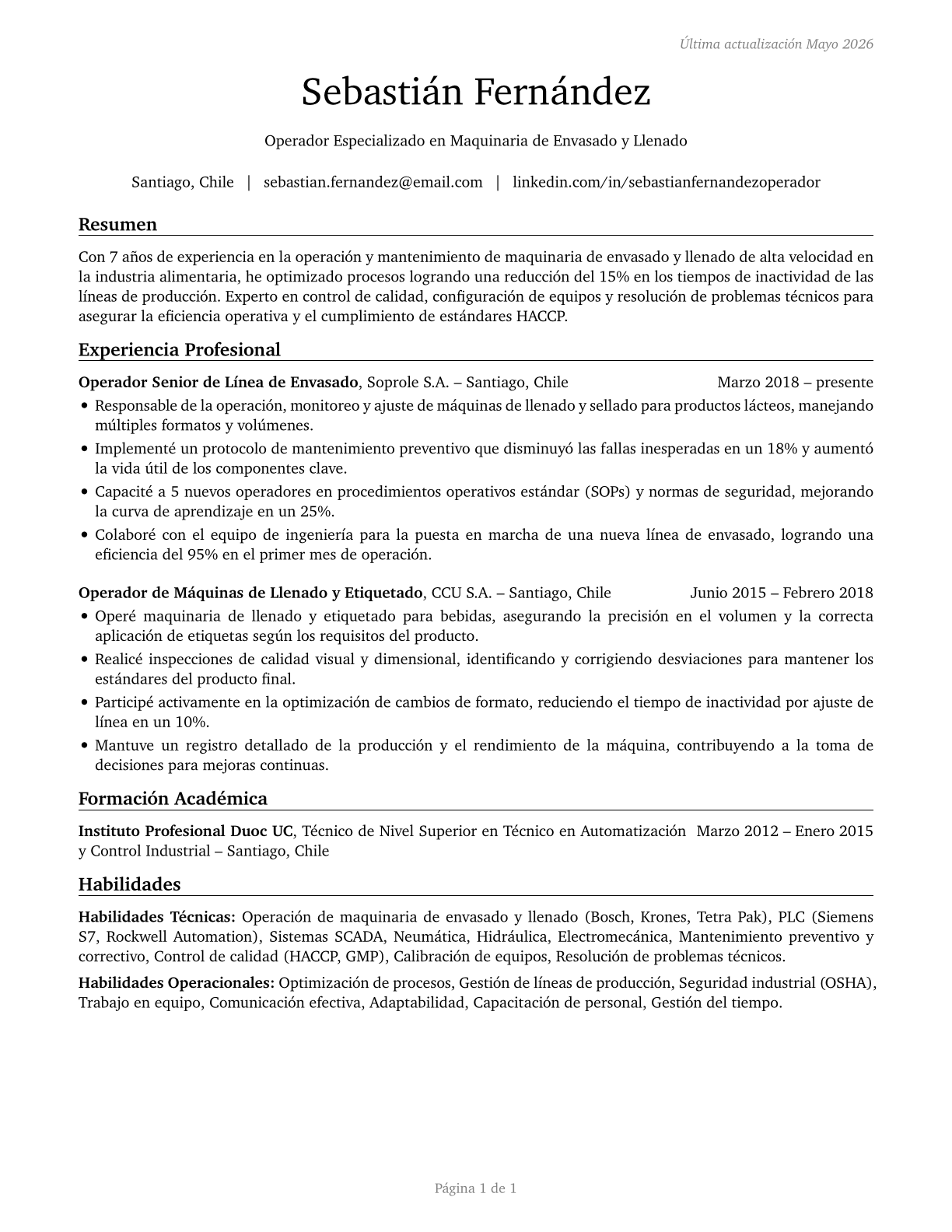 Packaging and Filling Machine Operators and Tenders CV in Spanish — page 1