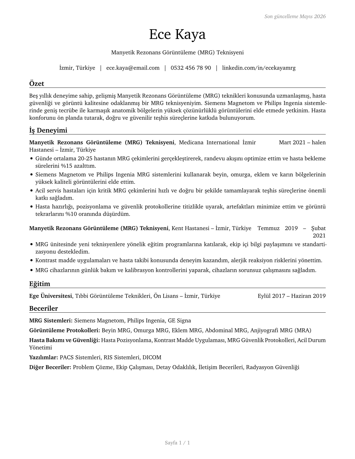 Magnetic Resonance Imaging Technologists CV in Turkish — page 1