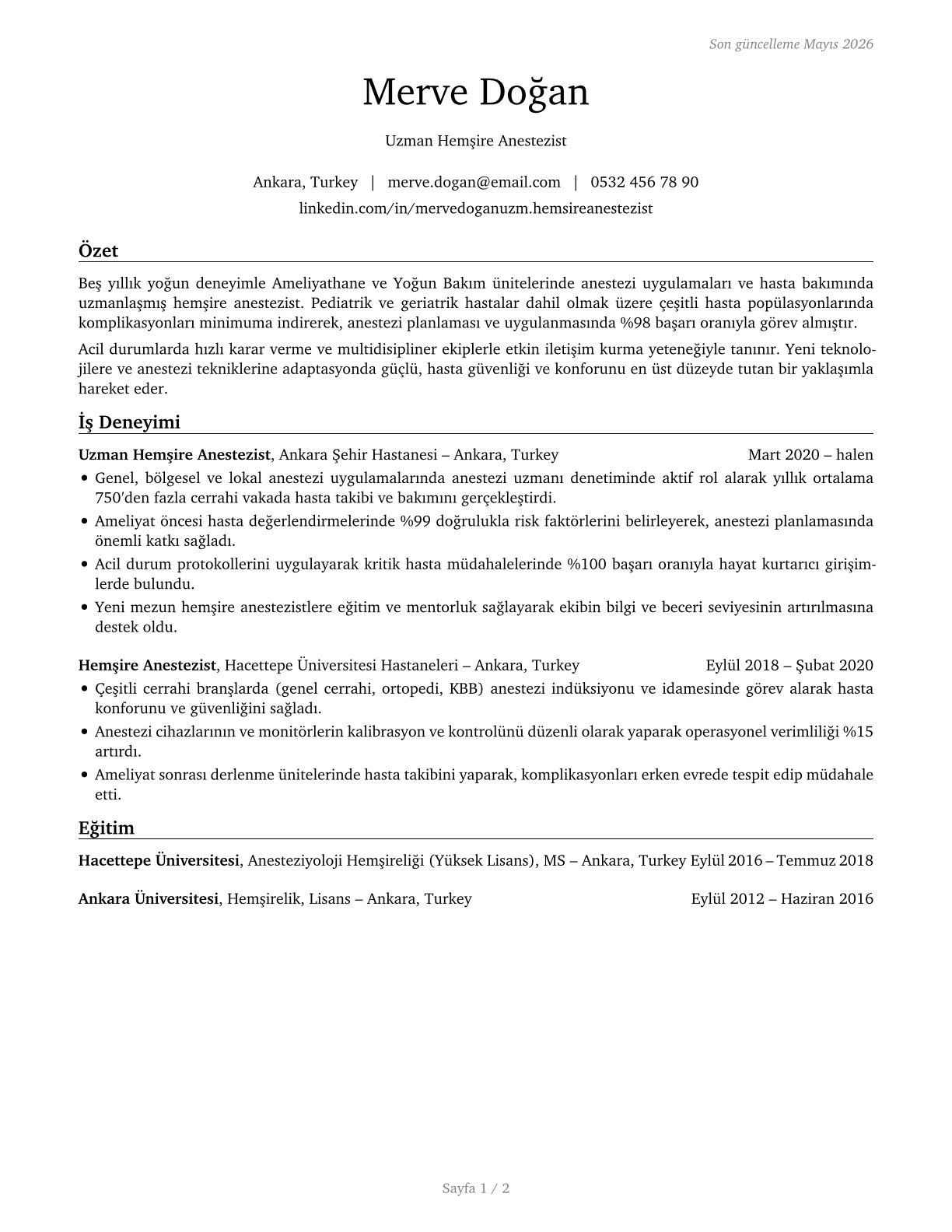 Nurse Anesthetists CV in Turkish — page 1
