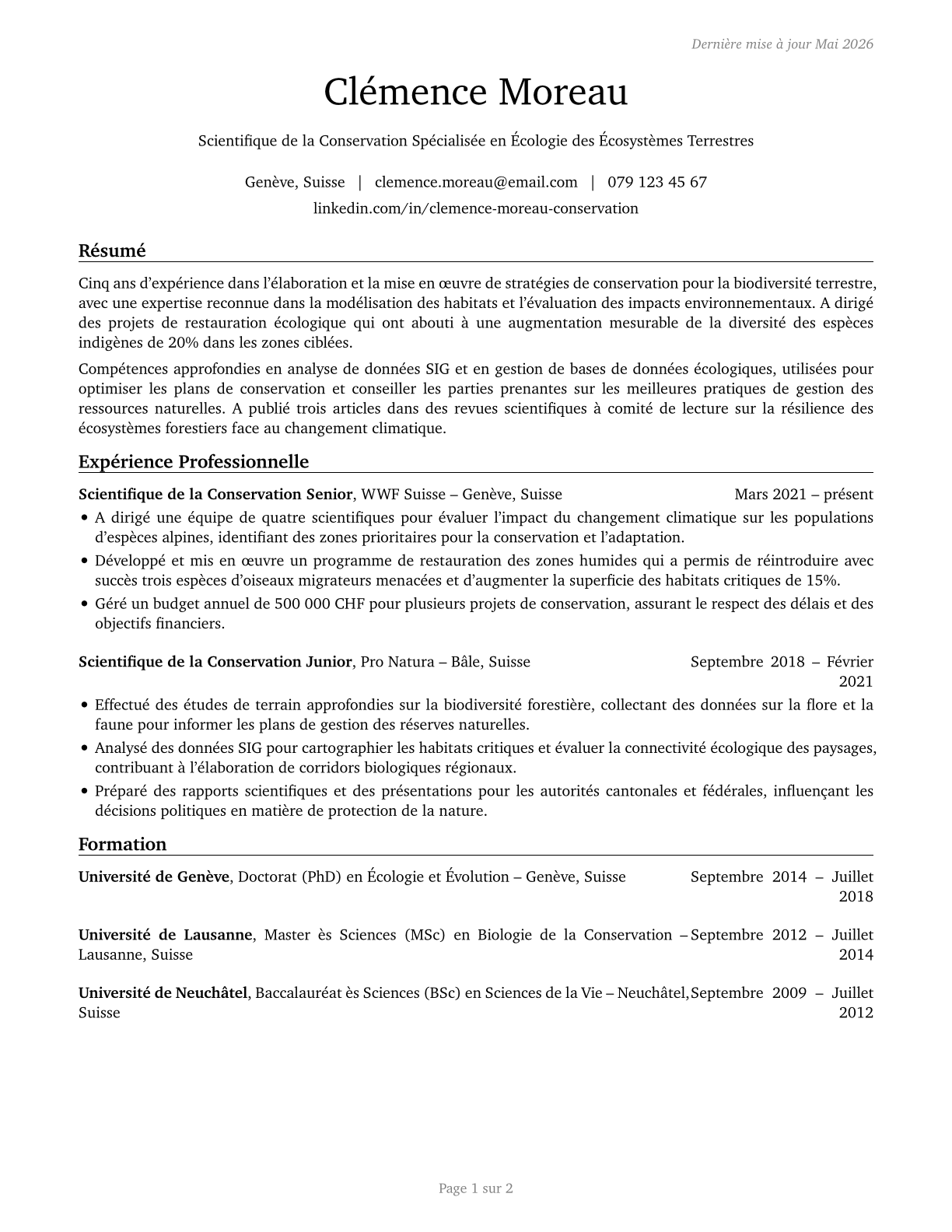 Conservation Scientists CV in French — page 1