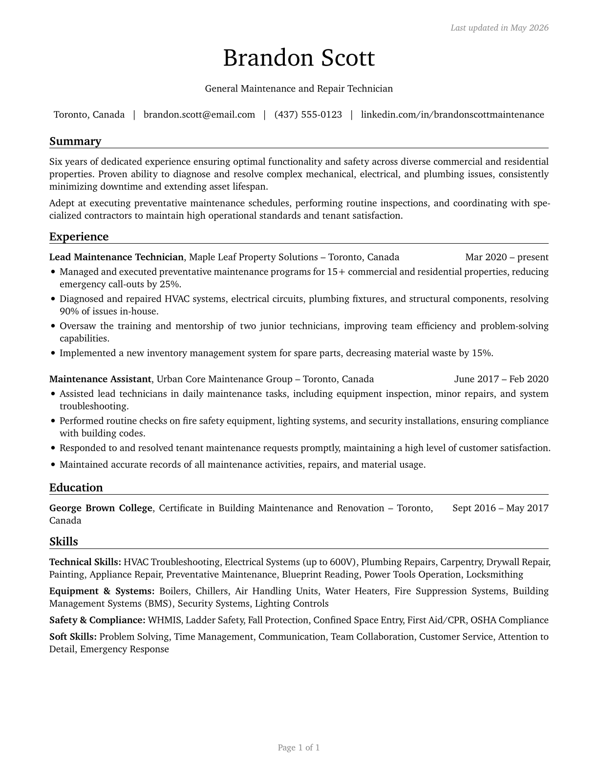 Maintenance and Repair Workers, General CV in English — page 1