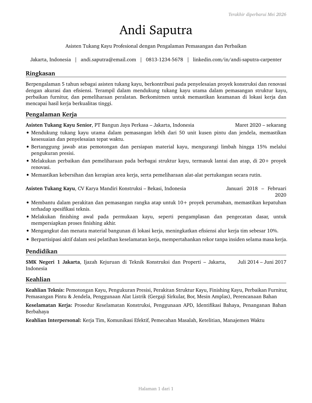 Helpers--Carpenters CV in Indonesian — page 1