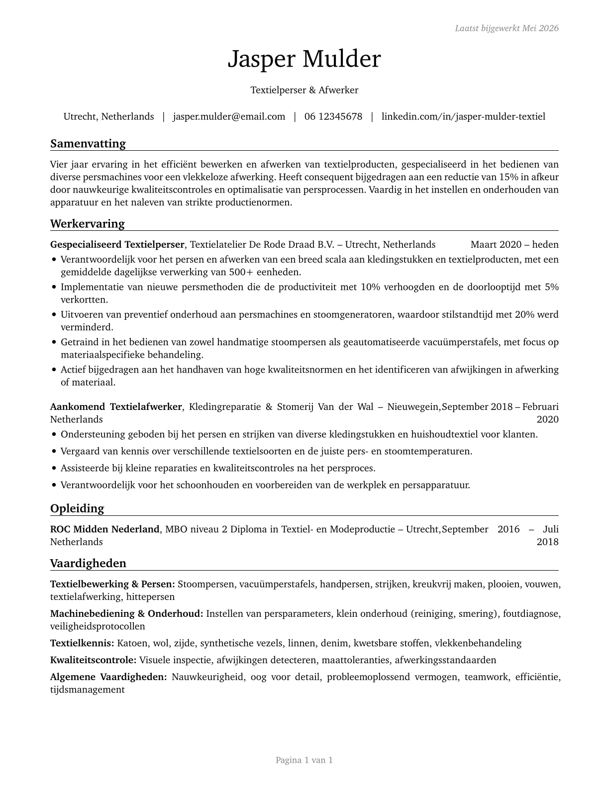 Pressers, Textile, Garment, and Related Materials CV in Dutch — page 1