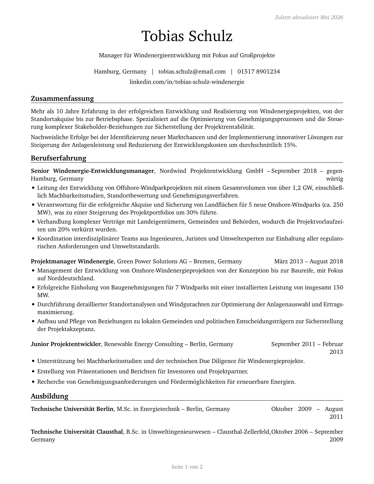 Wind Energy Development Managers CV in German — page 1