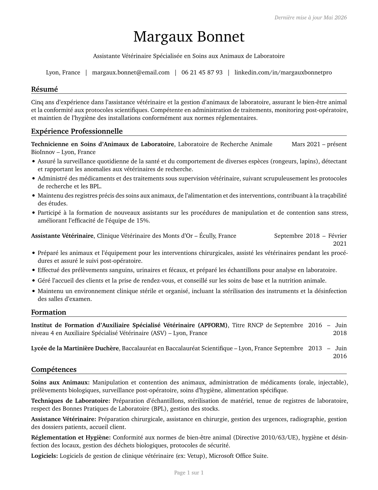 Veterinary Assistants and Laboratory Animal Caretakers CV in French — page 1