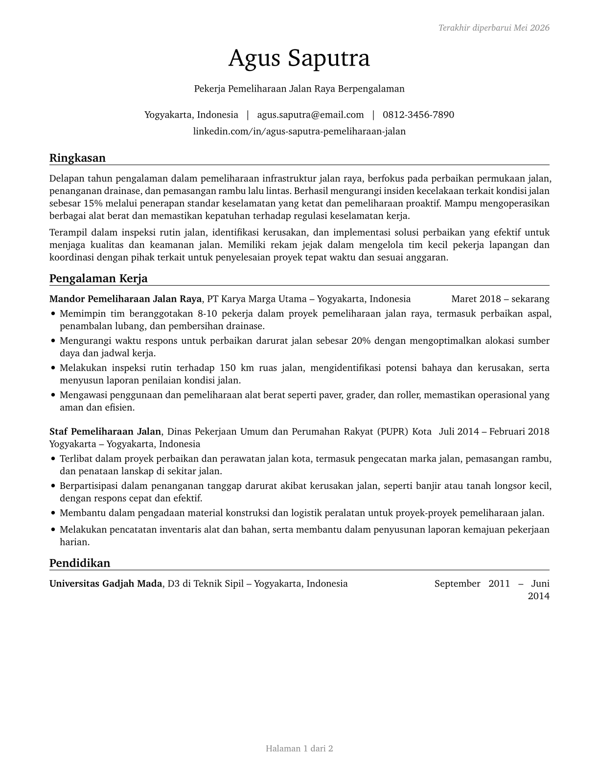 Highway Maintenance Workers CV in Indonesian — page 1