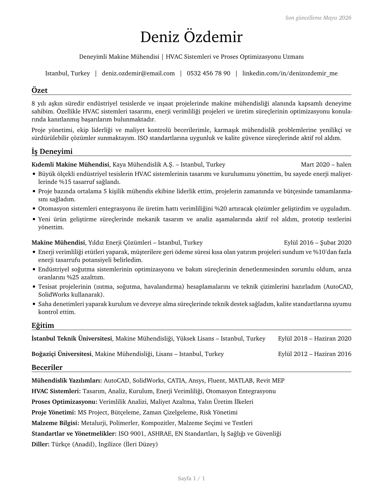 Mechanical Engineers CV in Turkish — page 1