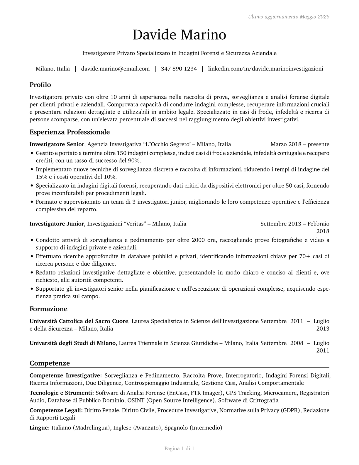 Private Detectives and Investigators CV in Italian — page 1