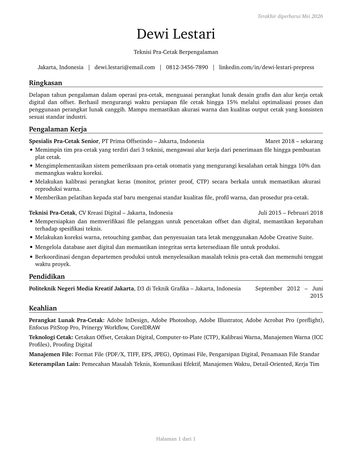 Prepress Technicians and Workers CV in Indonesian — page 1