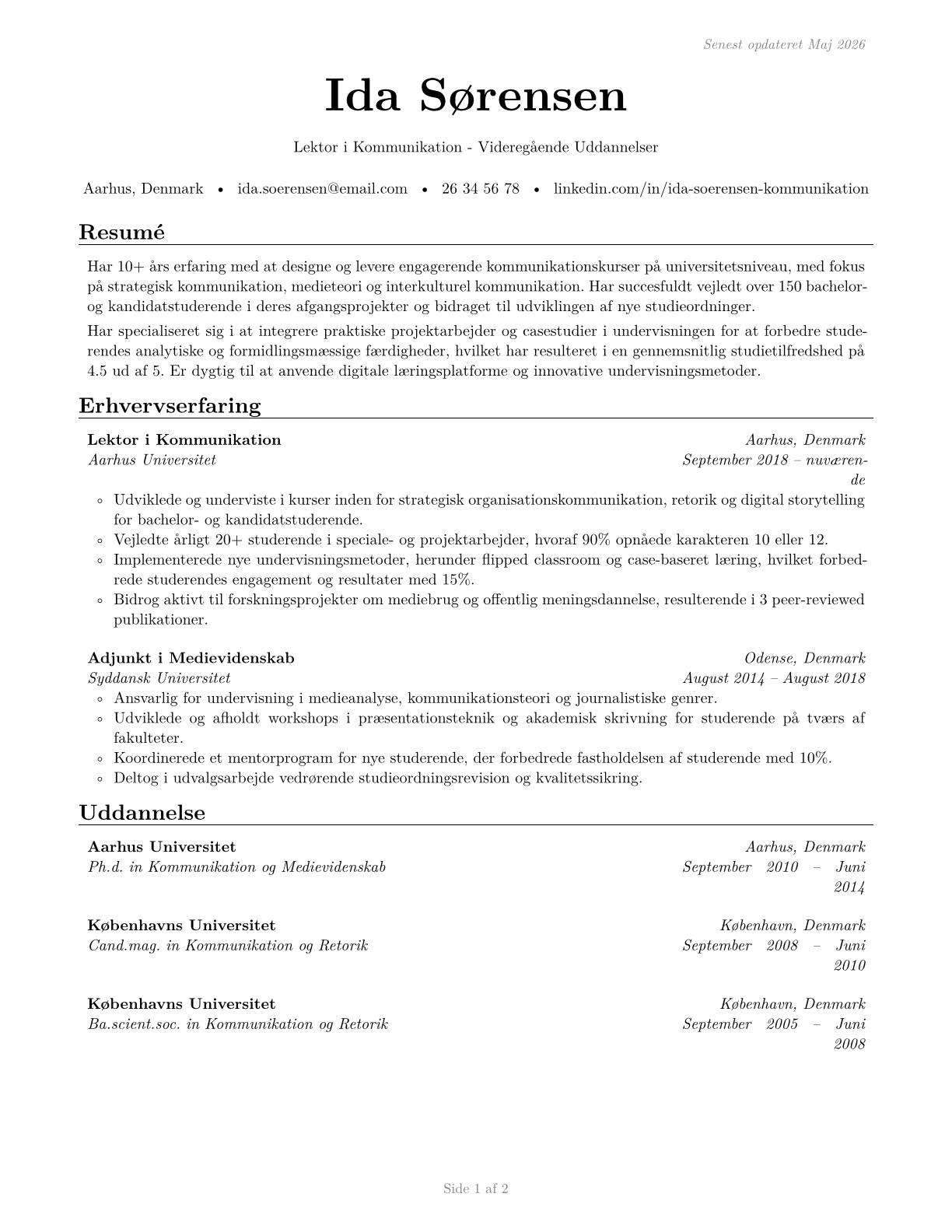 Communications Teachers, Postsecondary CV in Danish — page 1