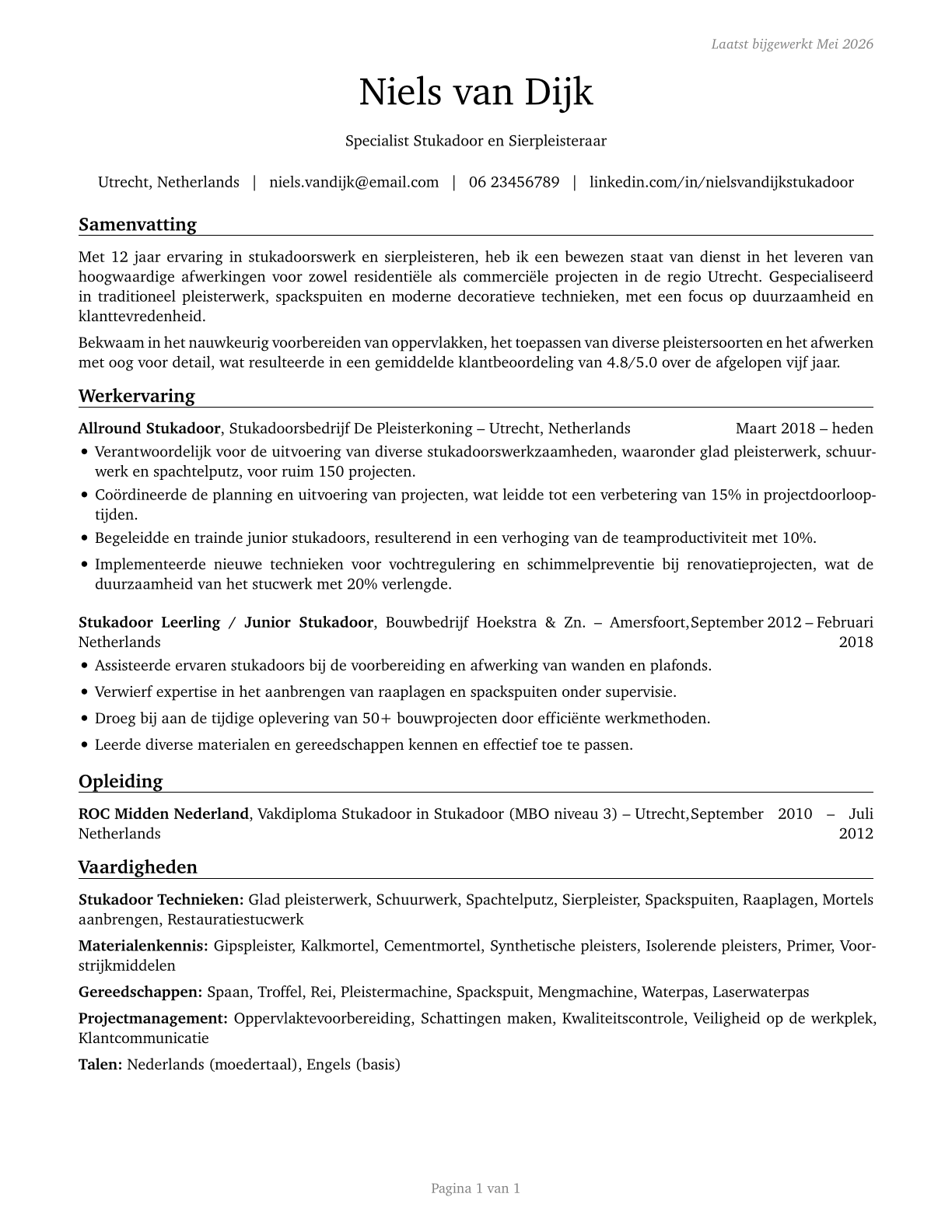 Plasterers and Stucco Masons CV in Dutch — page 1