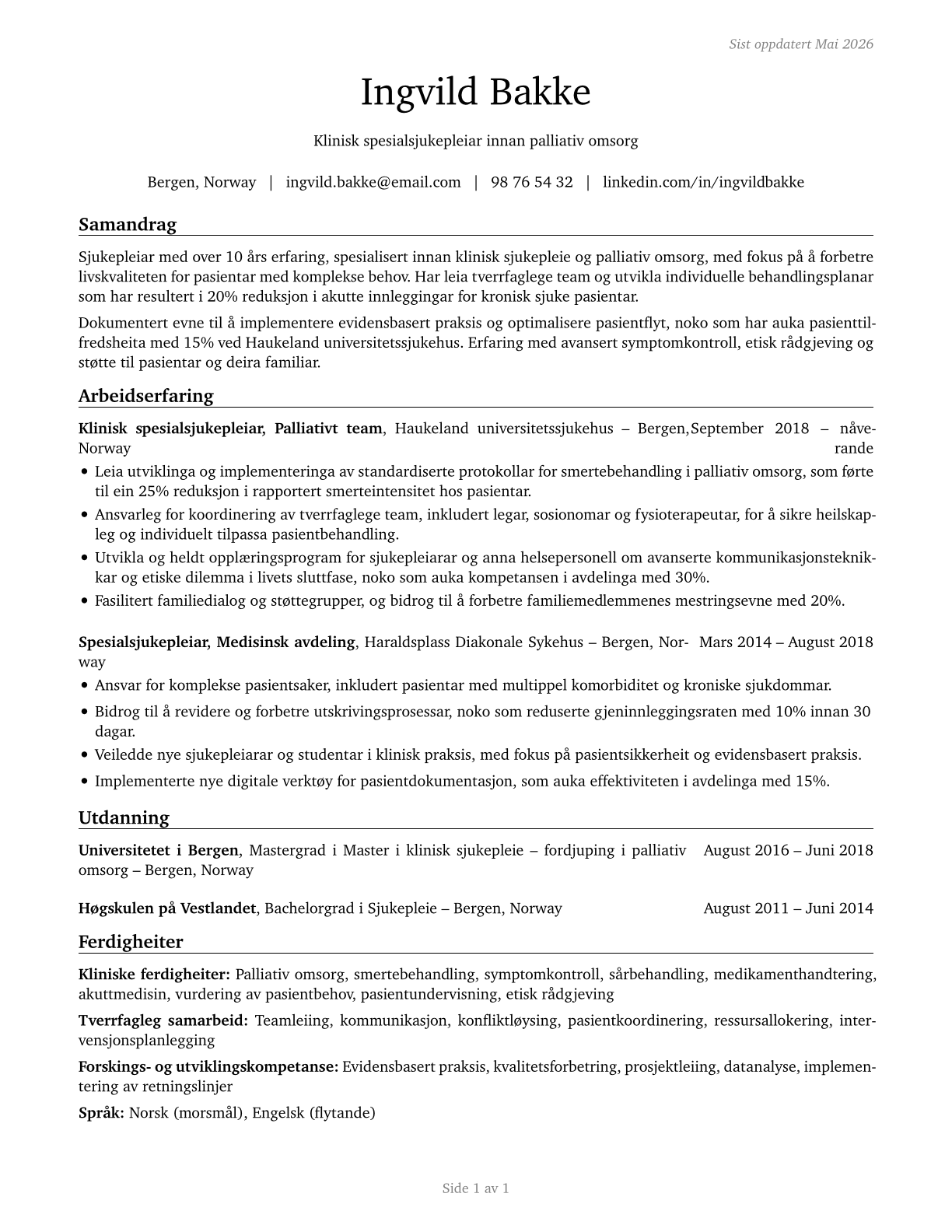 Clinical Nurse Specialists CV in Norwegian_nynorsk — page 1