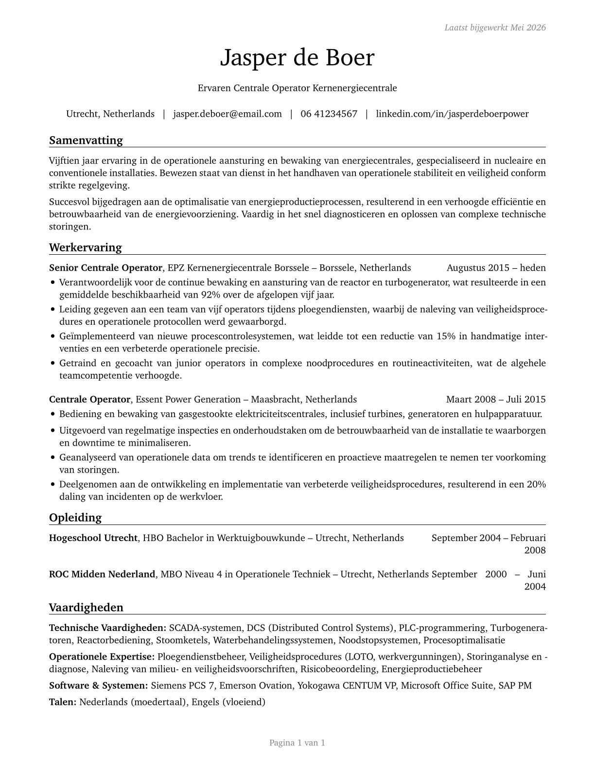 Power Plant Operators CV in Dutch — page 1