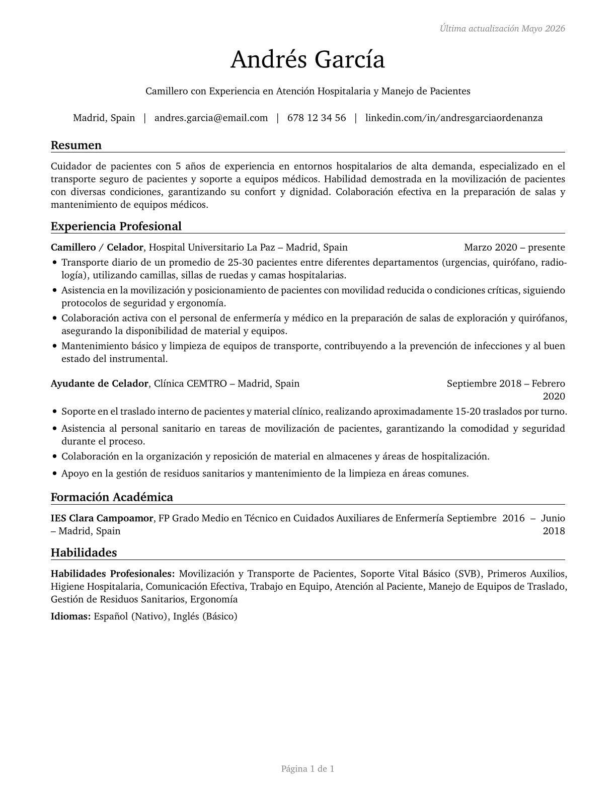 Orderlies CV in Spanish — page 1