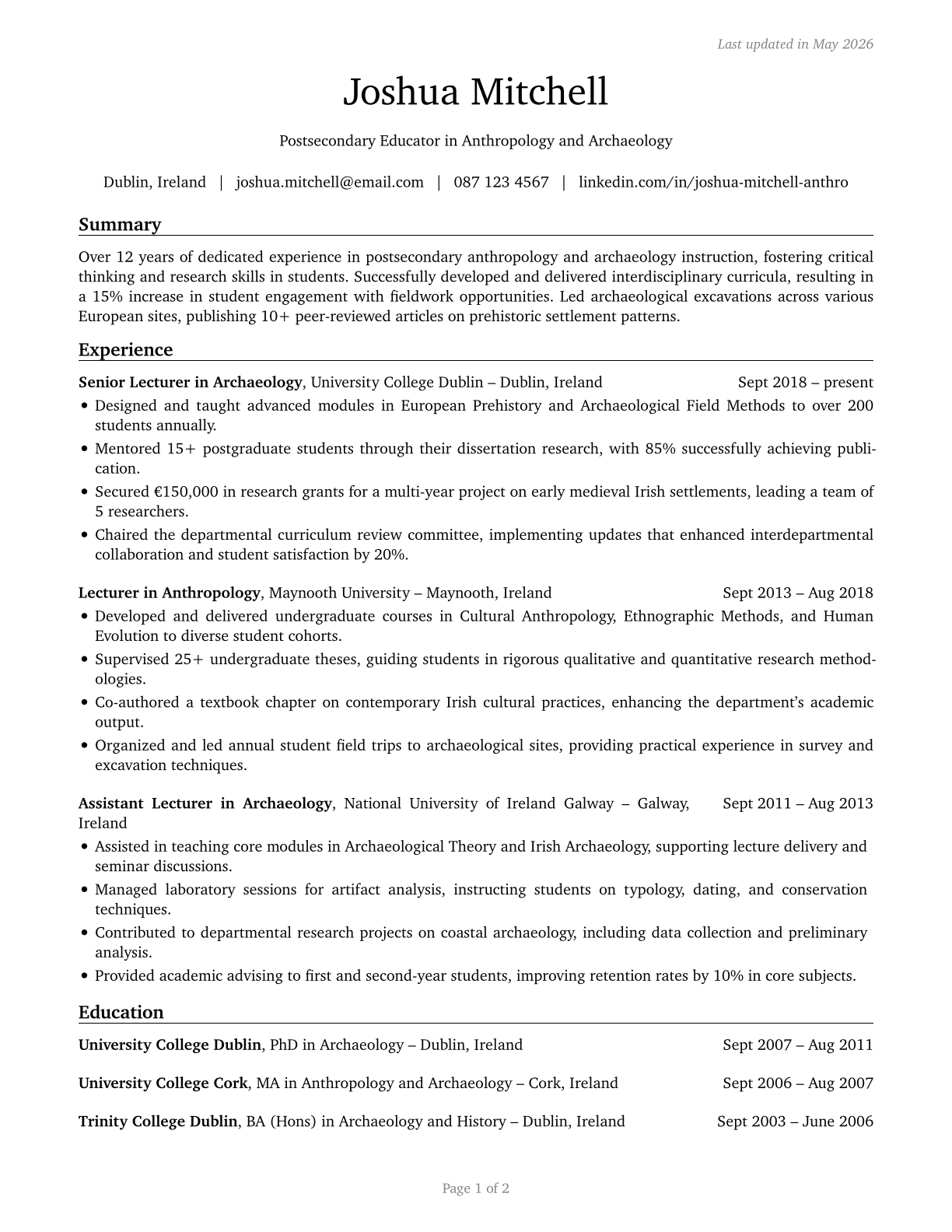 Anthropology and Archeology Teachers, Postsecondary CV in English — page 1
