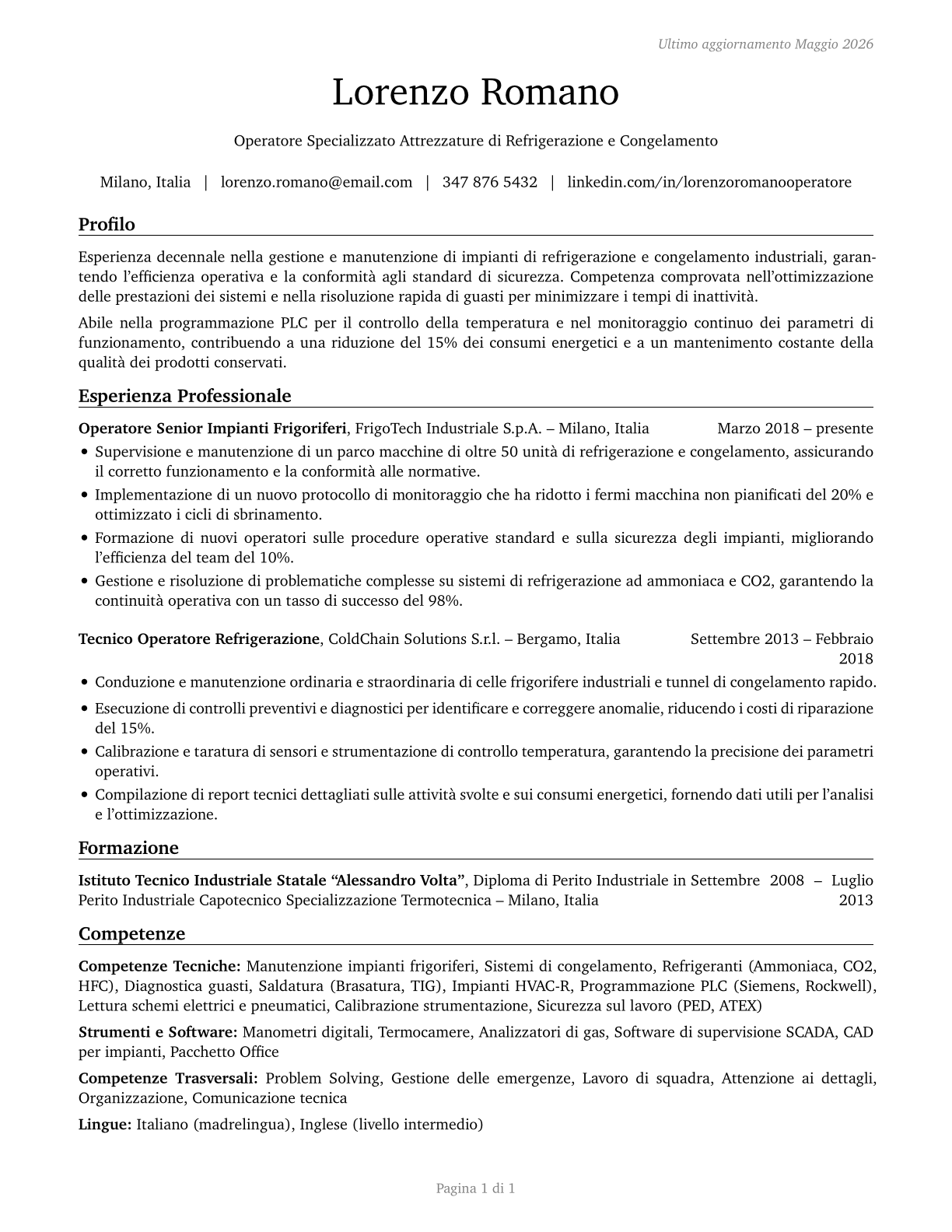 Cooling and Freezing Equipment Operators and Tenders CV in Italian — page 1