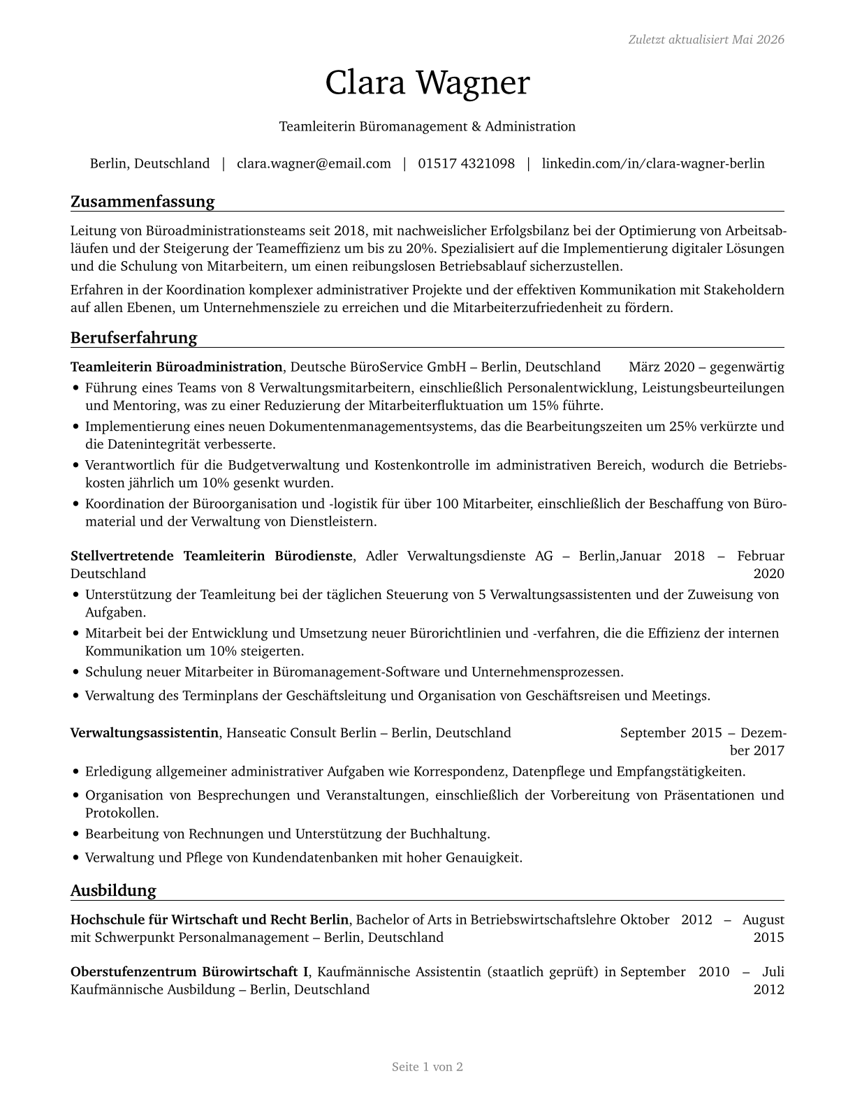 First-Line Supervisors of Office and Administrative Support Workers CV in German — page 1