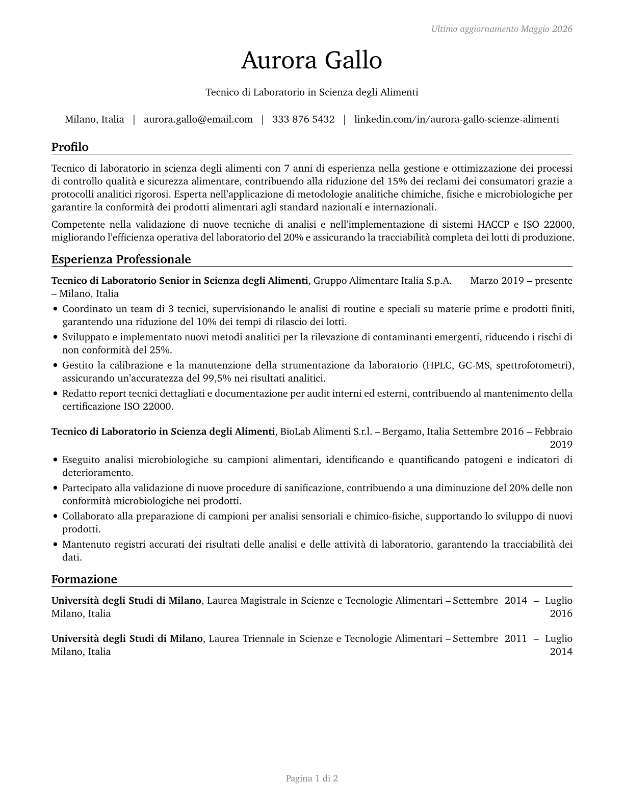 Food Science Technicians CV in Italian — page 1