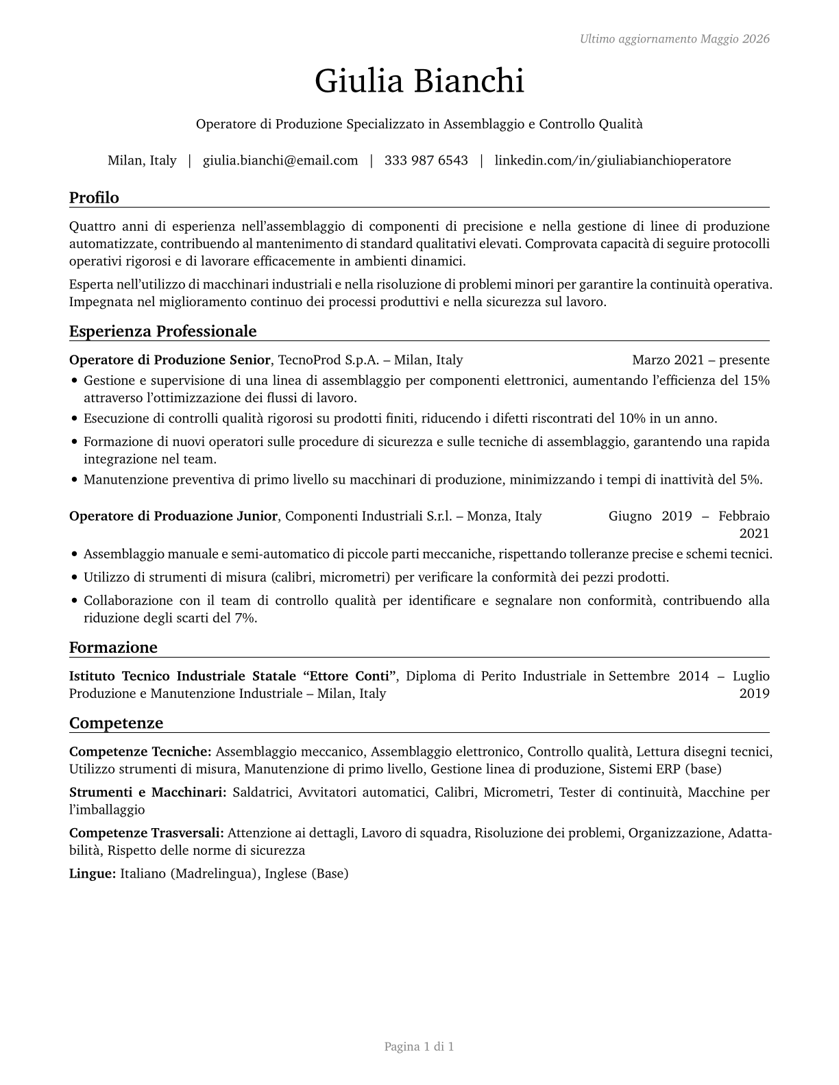 Production Workers, All Other CV in Italian — page 1