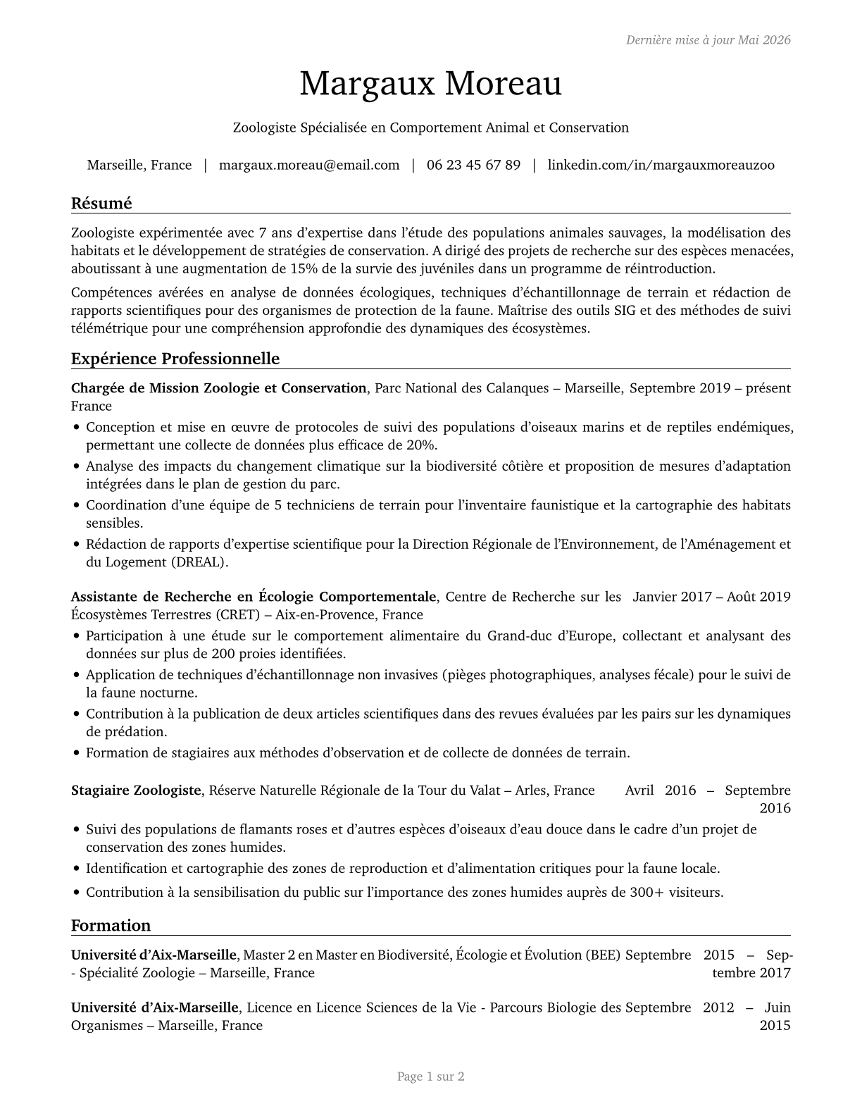 Zoologists and Wildlife Biologists CV in French — page 1