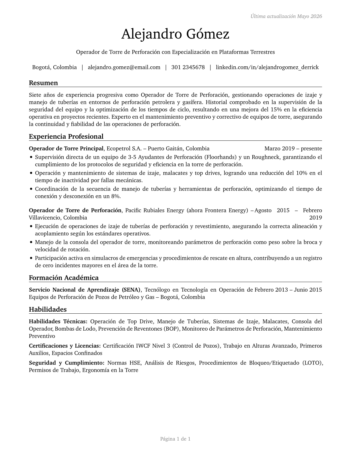 Derrick Operators, Oil and Gas CV in Spanish — page 1