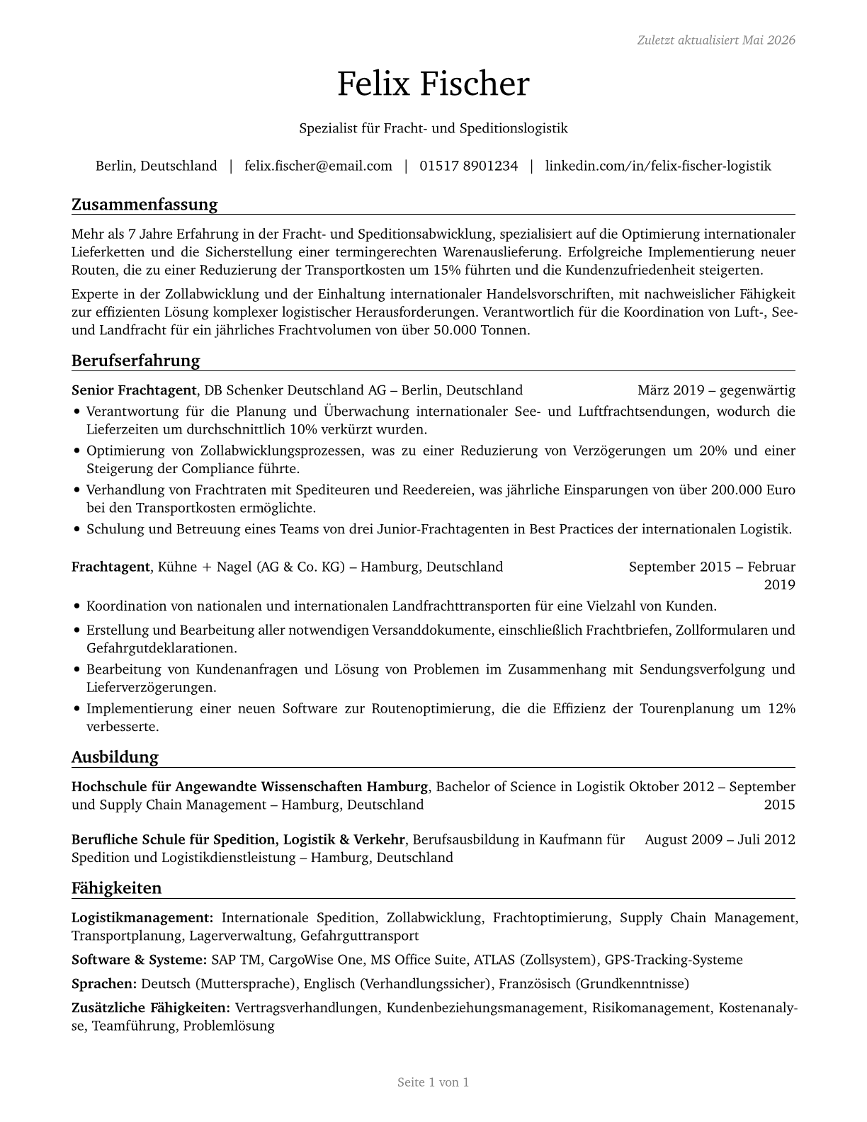 Cargo and Freight Agents CV in German — page 1